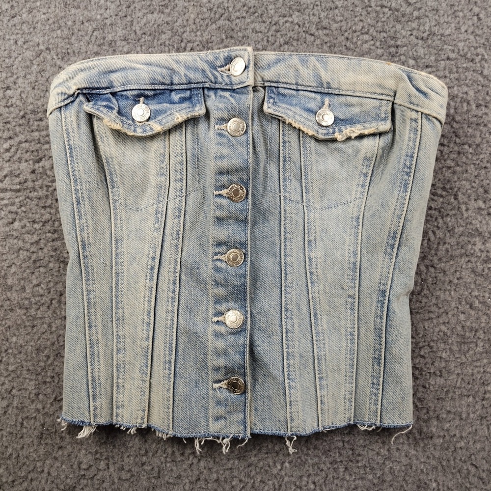 Zara Denim Tube Top Sz Small Cotton Strapless Corset Button Front Blue Stretch